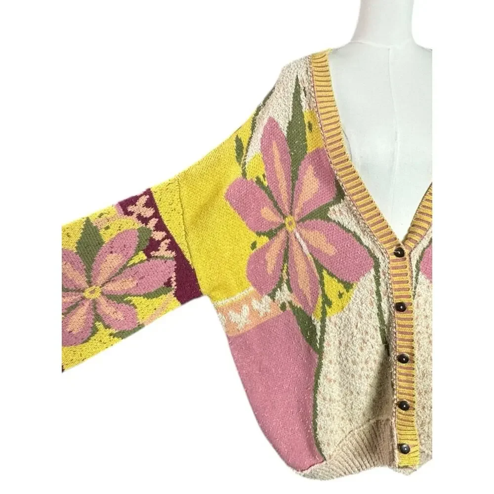Free People Oversized Bohemian Bali Tropical Garden Cardi Cardigan Sweater Large